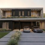 Frente de casa contemporánea construida por Skyterra en el barrio Silvestre, Nordelta